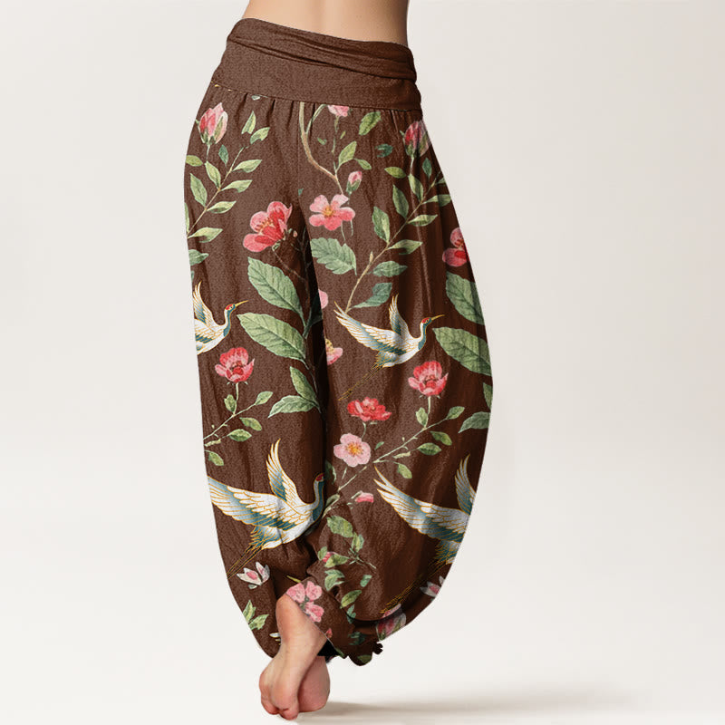 Lässige Haremshose aus Baumwolle mit Buddha Stones -Motiv, roten Blumen und Kranichmuster, elastischem Bund für Damen - image 6