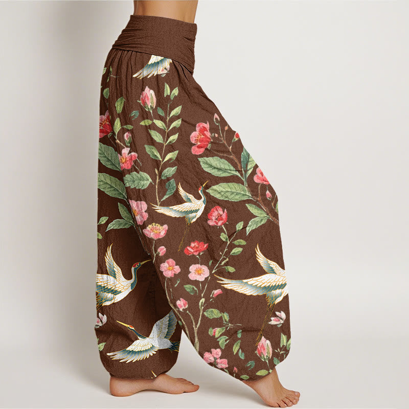 Lässige Haremshose aus Baumwolle mit Buddha Stones -Motiv, roten Blumen und Kranichmuster, elastischem Bund für Damen - image 5