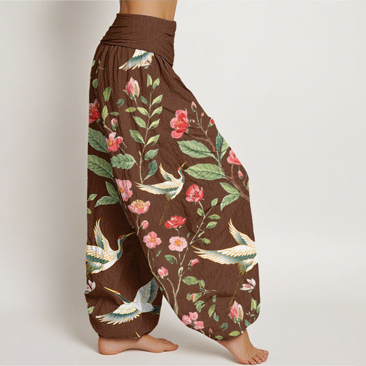 Lässige Haremshose aus Baumwolle mit Buddha Stones -Motiv, roten Blumen und Kranichmuster, elastischem Bund für Damen - image 5