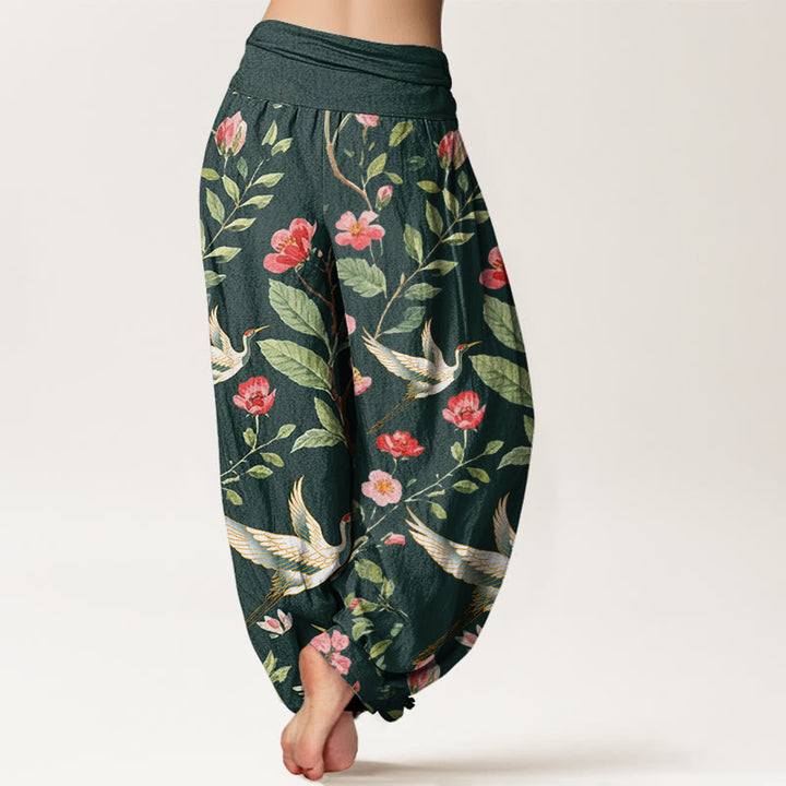 Lässige Haremshose aus Baumwolle mit Buddha Stones -Motiv, roten Blumen und Kranichmuster, elastischem Bund für Damen - image 9