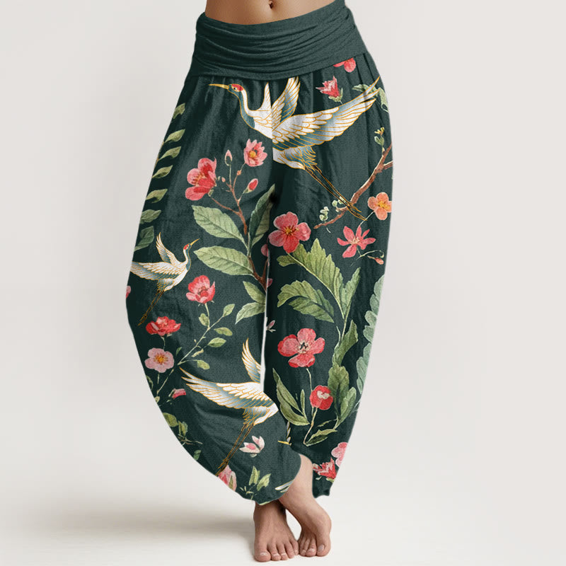 Lässige Haremshose aus Baumwolle mit Buddha Stones -Motiv, roten Blumen und Kranichmuster, elastischem Bund für Damen - Dunkelgrün - US22, UK/AU26, EU54 (6XL) - image 7