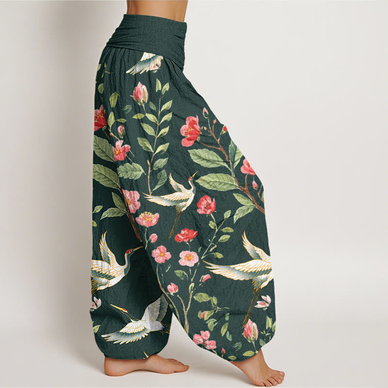 Lässige Haremshose aus Baumwolle mit Buddha Stones -Motiv, roten Blumen und Kranichmuster, elastischem Bund für Damen - image 8