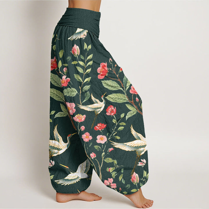 Lässige Haremshose aus Baumwolle mit Buddha Stones -Motiv, roten Blumen und Kranichmuster, elastischem Bund für Damen - image 8
