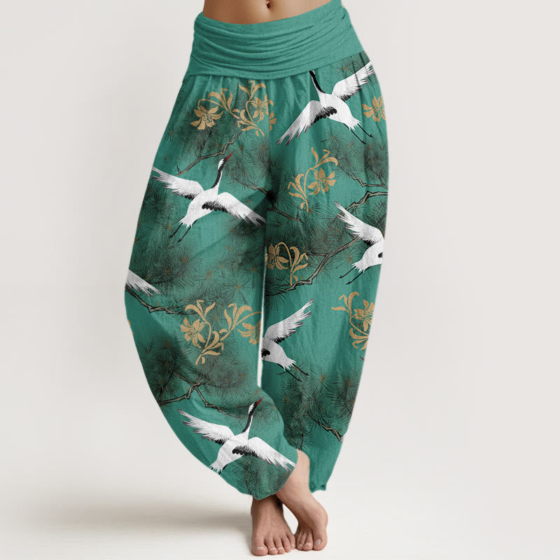 Buddha Stones Lässige Haremshose mit Mandschurenkranich-Kiefernmuster für Damen, elastische Taille - MittelMeergrün - US22， UK/AU26，EU54 (6XL) - image 1