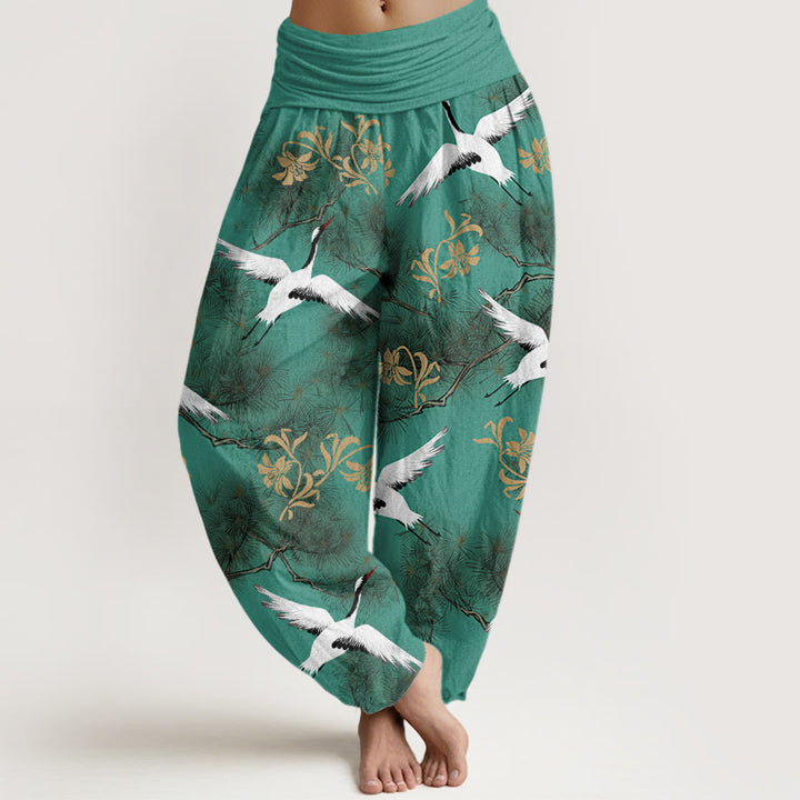 Buddha Stones Lässige Haremshose mit Mandschurenkranich-Kiefernmuster für Damen, elastische Taille - MittelMeergrün - US22， UK/AU26，EU54 (6XL) - image 1
