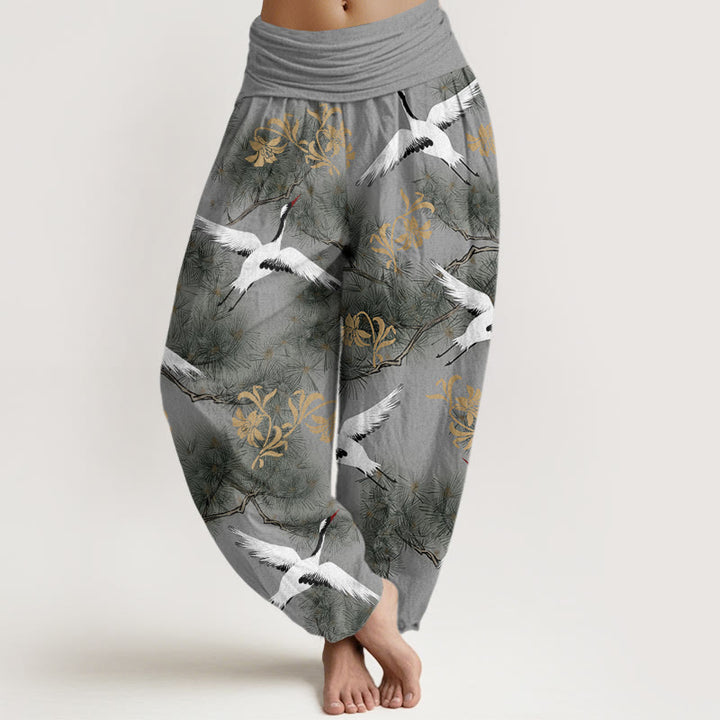 Buddha Stones Lässige Haremshose mit Mandschurenkranich-Kiefernmuster für Damen, elastische Taille - Grau - US22， UK/AU26，EU54 (6XL) - image 8