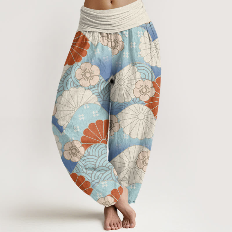 Buddha Stones Lässige Haremshose mit abstraktem Blütenblatt- und Wellenmuster für Damen mit elastischer Taille - BlumenWeiß - US22， UK/AU26，EU54 (6XL) - image 1