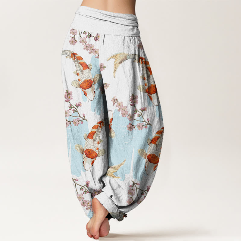 Buddha Stones Lässige Haremshose mit Koi-Fisch-Kirschblüten-Muster für Damen, elastische Taille - image 3