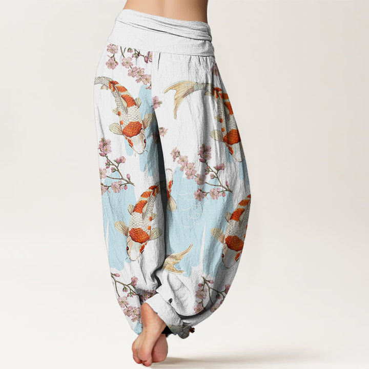 Buddha Stones Lässige Haremshose mit Koi-Fisch-Kirschblüten-Muster für Damen, elastische Taille - image 3
