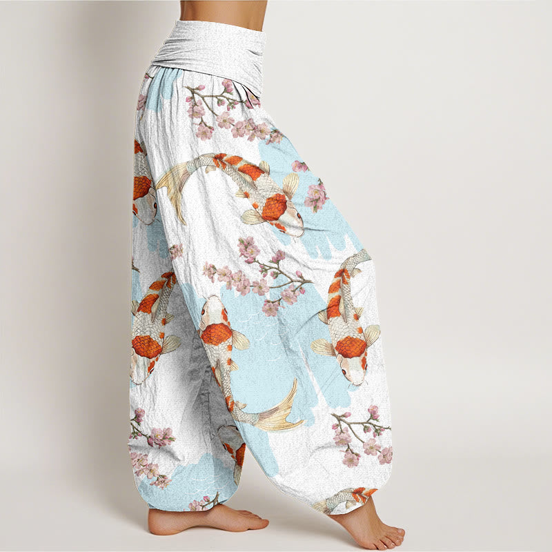 Buddha Stones Lässige Haremshose mit Koi-Fisch-Kirschblüten-Muster für Damen, elastische Taille - image 2