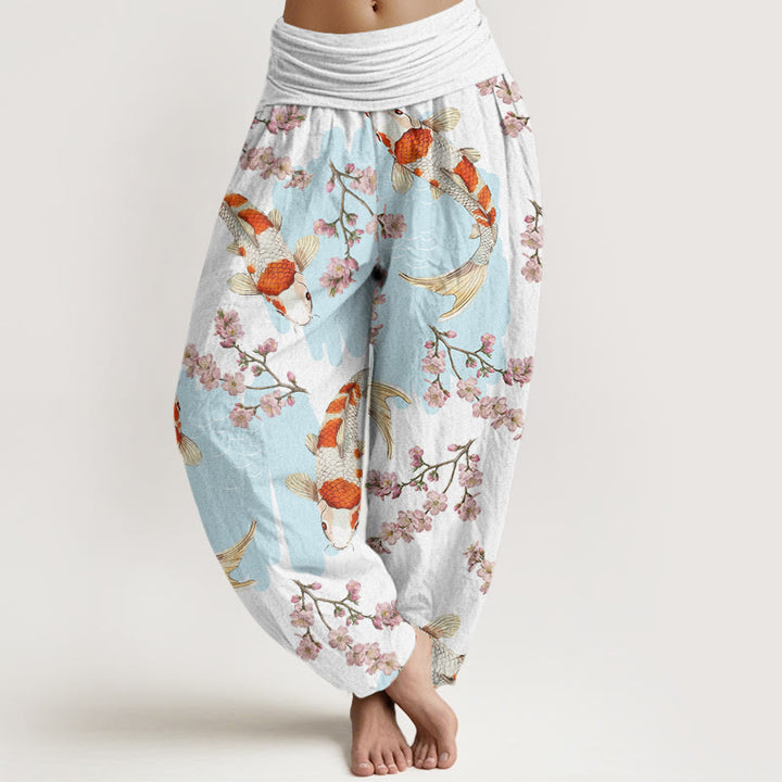 Buddha Stones Baumwoll-Haremshose mit Koi-Fisch- und Kirschblütenmuster für Damen mit elastischem Bund - Weiß - US22, UK/AU26, EU54 (6XL) - image 0