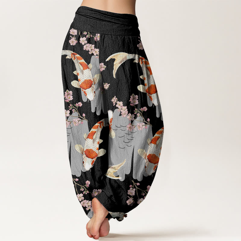 Buddha Stones Lässige Haremshose mit Koi-Fisch-Kirschblüten-Muster für Damen, elastische Taille - image 7