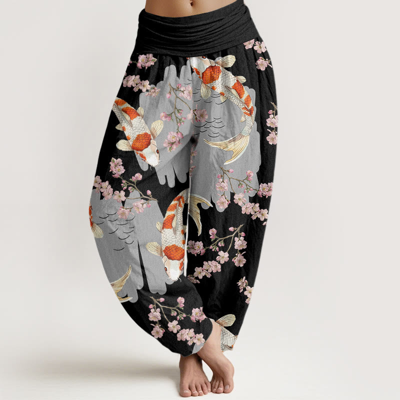 Buddha Stones Baumwoll-Haremshose mit Koi-Fisch- und Kirschblütenmuster für Damen mit elastischem Bund - Schwarz - US22, UK/AU26, EU54 (6XL) - image 4