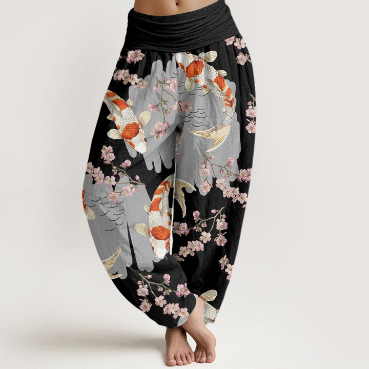 Buddha Stones Baumwoll-Haremshose mit Koi-Fisch- und Kirschblütenmuster für Damen mit elastischem Bund - Schwarz - US22, UK/AU26, EU54 (6XL) - image 4
