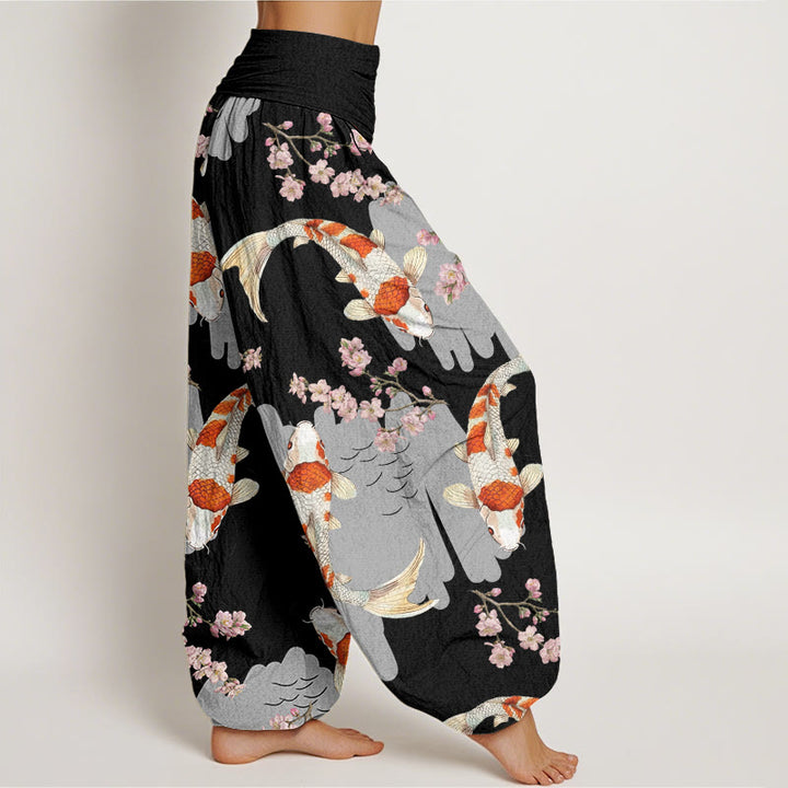 Buddha Stones Lässige Haremshose mit Koi-Fisch-Kirschblüten-Muster für Damen, elastische Taille - image 6