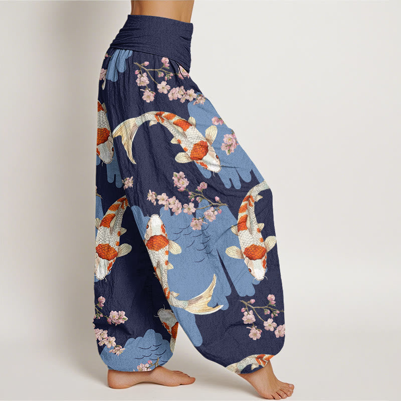 Buddha Stones Lässige Haremshose mit Koi-Fisch-Kirschblüten-Muster für Damen, elastische Taille - image 9