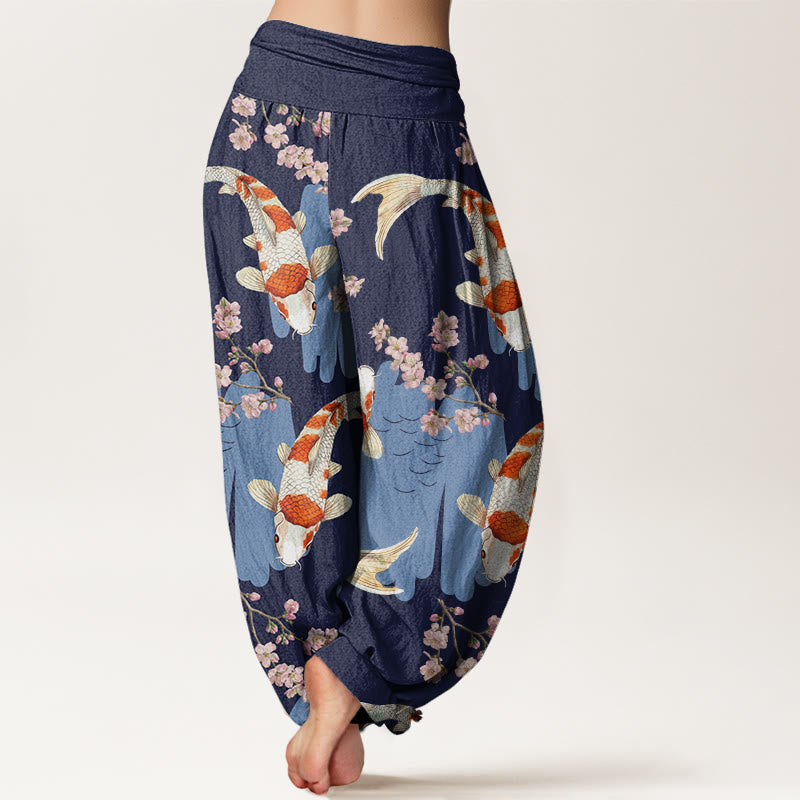 Buddha Stones Lässige Haremshose mit Koi-Fisch-Kirschblüten-Muster für Damen, elastische Taille - image 10