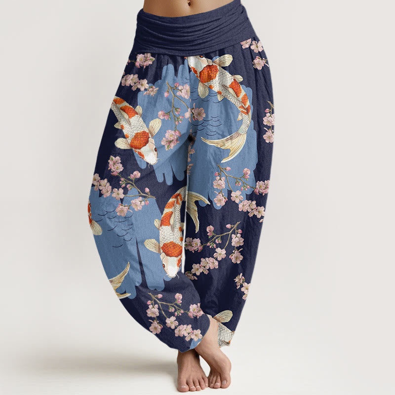 Buddha Stones Baumwoll-Haremshose mit Koi-Fisch- und Kirschblütenmuster für Damen mit elastischem Bund - Mitternachtsblau - US22, UK/AU26, EU54 (6XL) - image 7