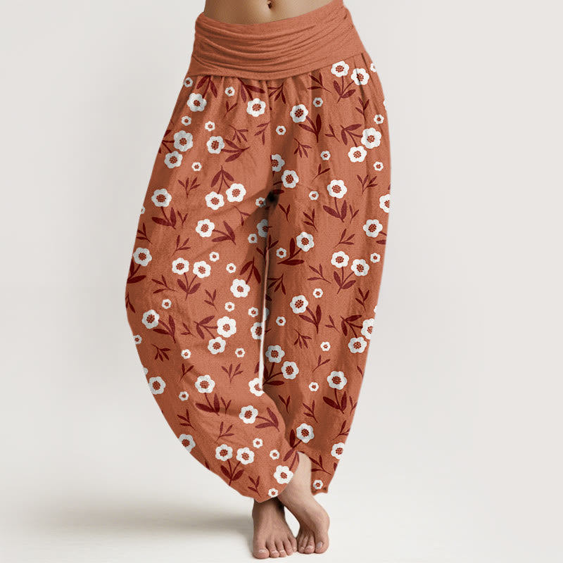 Buddha Stones Lässige, einfache Blumen- und Blättermuster-Haremshose für Damen mit elastischer Taille - Schokolade - US22， UK/AU26，EU54 (6XL) - image 1