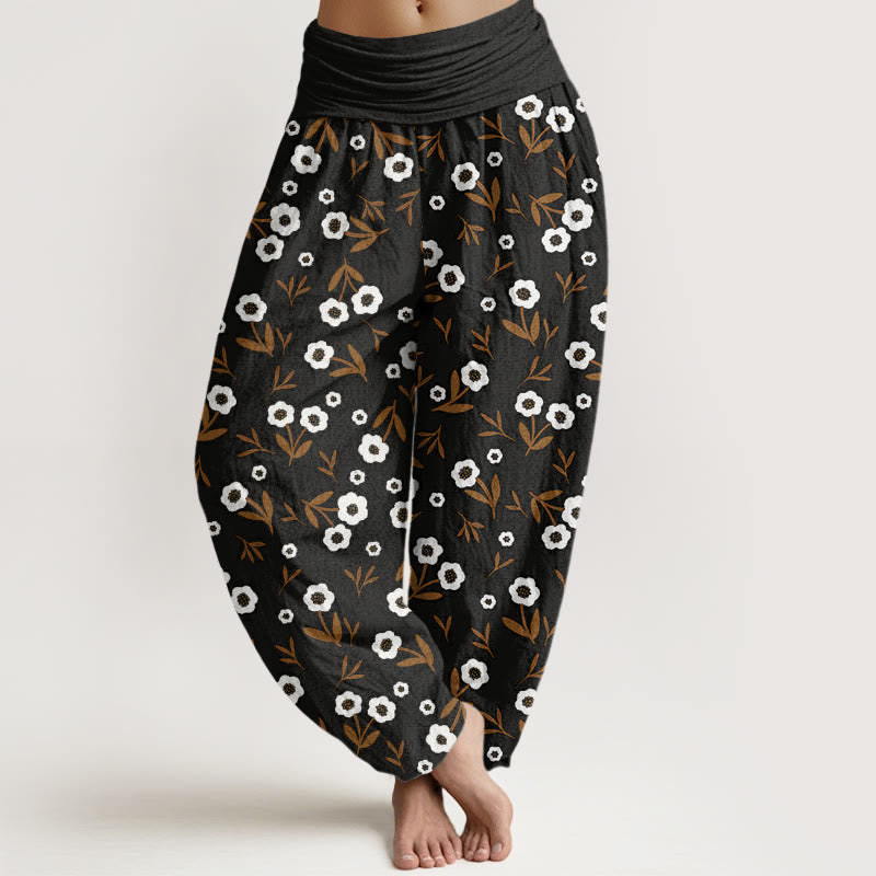 Buddha Stones Lässige, einfache Blumen- und Blättermuster-Haremshose für Damen mit elastischer Taille - Schwarz - US22， UK/AU26，EU54 (6XL) - image 8