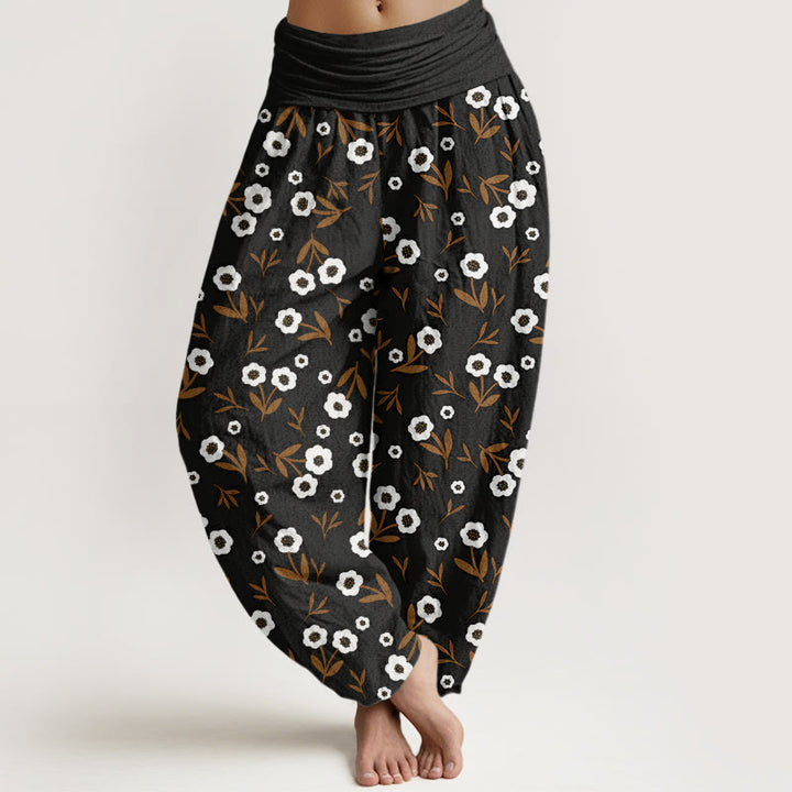 Buddha Stones Lässige, einfache Blumen- und Blättermuster-Haremshose für Damen mit elastischer Taille - Schwarz - US22， UK/AU26，EU54 (6XL) - image 8