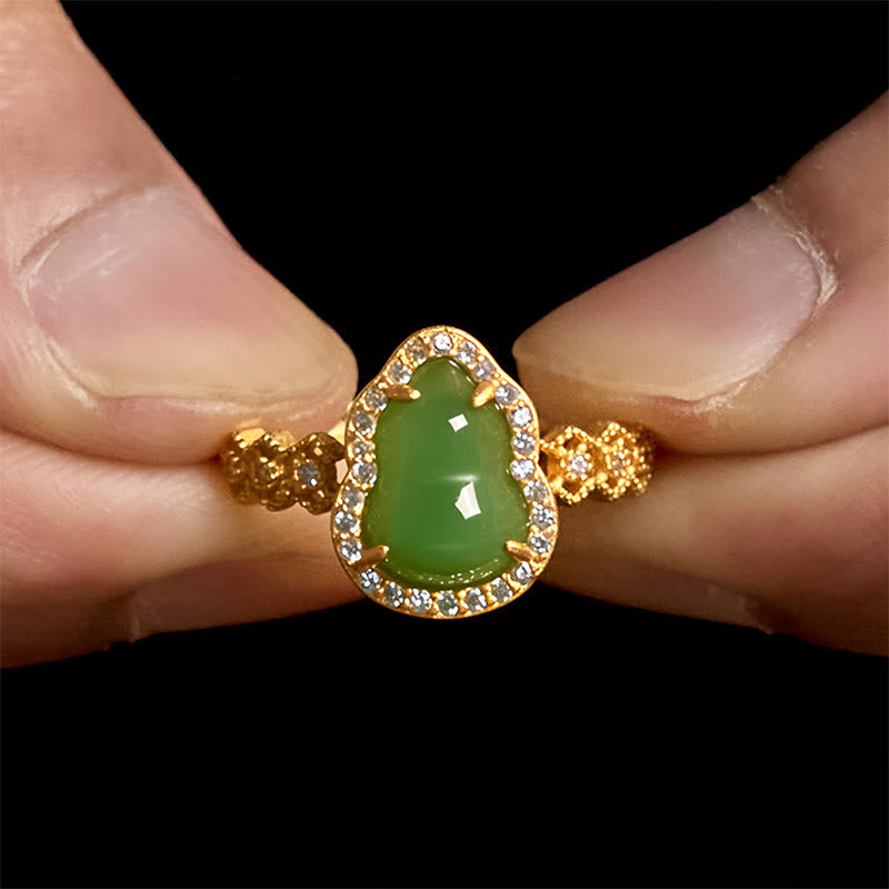 Buddha Stones Vintage Kürbis Grüner Chalcedon Kupfer Vergoldet Verstellbarer Reichtumsring