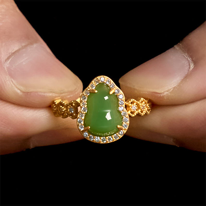 Buddha Stones Vintage Kürbis Grüner Chalcedon Kupfer Vergoldet Verstellbarer Reichtumsring