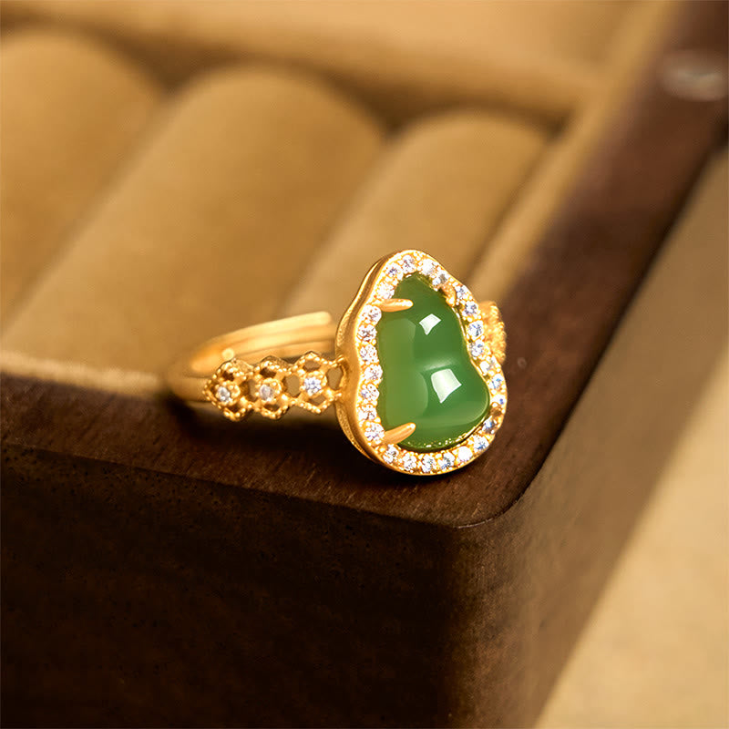 Buddha Stones Vintage Kürbis Grüner Chalcedon Kupfer Vergoldet Verstellbarer Reichtumsring