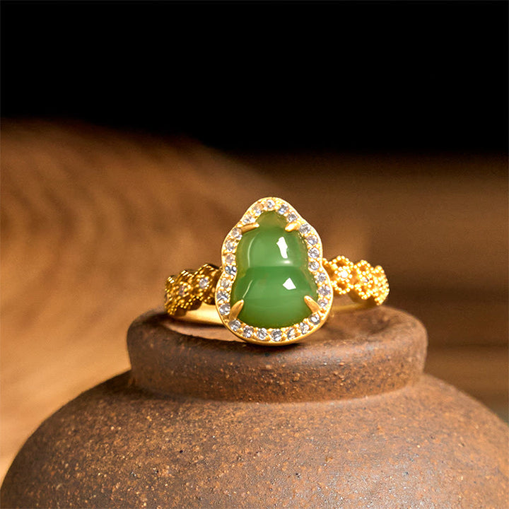 Buddha Stones Vintage Kürbis Grüner Chalcedon Kupfer Vergoldet Verstellbarer Reichtumsring