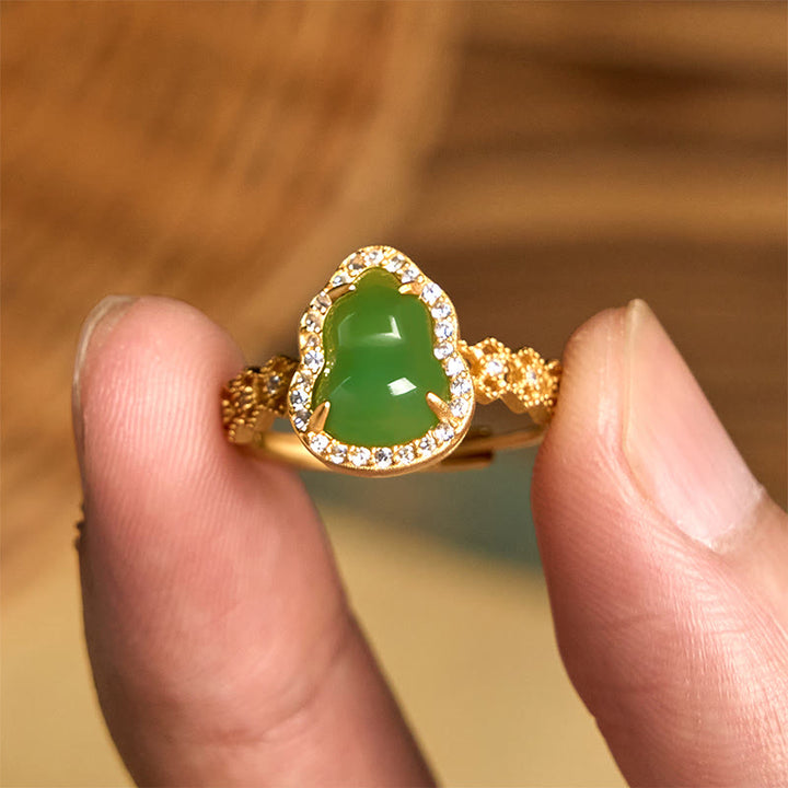 Buddha Stones Vintage Kürbis Grüner Chalcedon Kupfer Vergoldet Verstellbarer Reichtumsring
