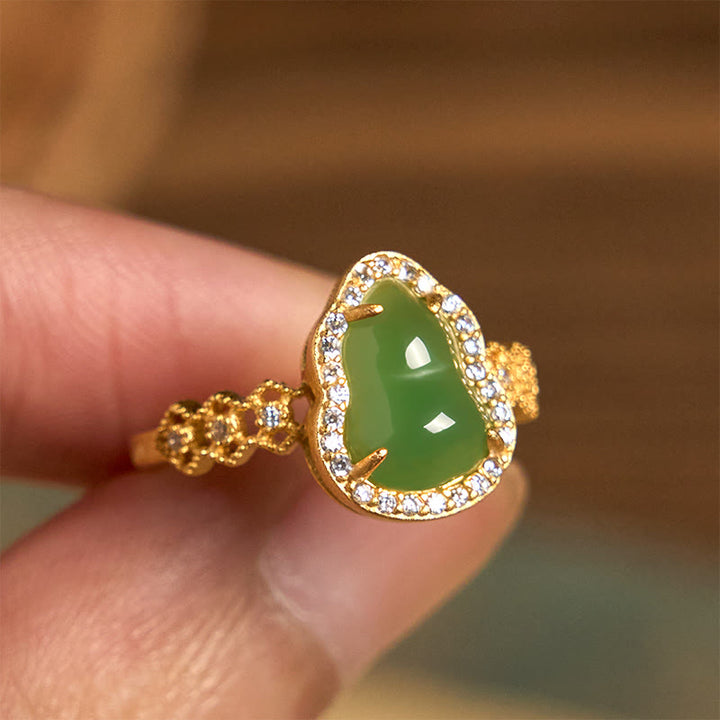 Buddha Stones Vintage Kürbis Grüner Chalcedon Kupfer Vergoldet Verstellbarer Reichtumsring