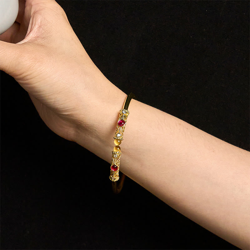 Buddha Stones Goldene Blume Muster Rot Zirkon Bernstein Kupfer Glück Manschette Armband Armreif - image 13