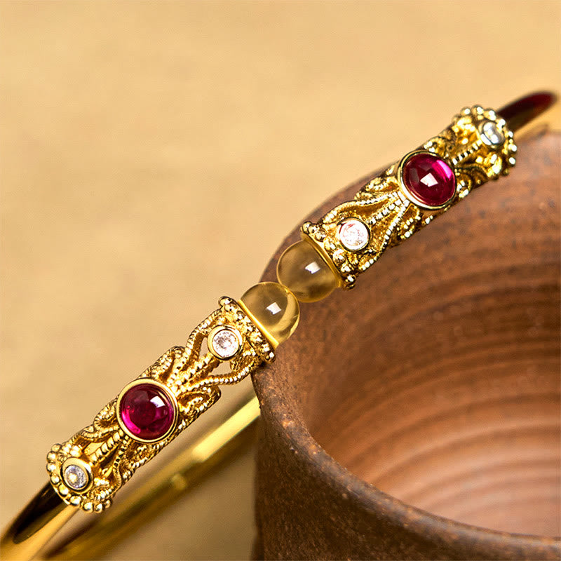 Buddha Stones Goldene Blume Muster Rot Zirkon Bernstein Kupfer Glück Manschette Armband Armreif - image 5