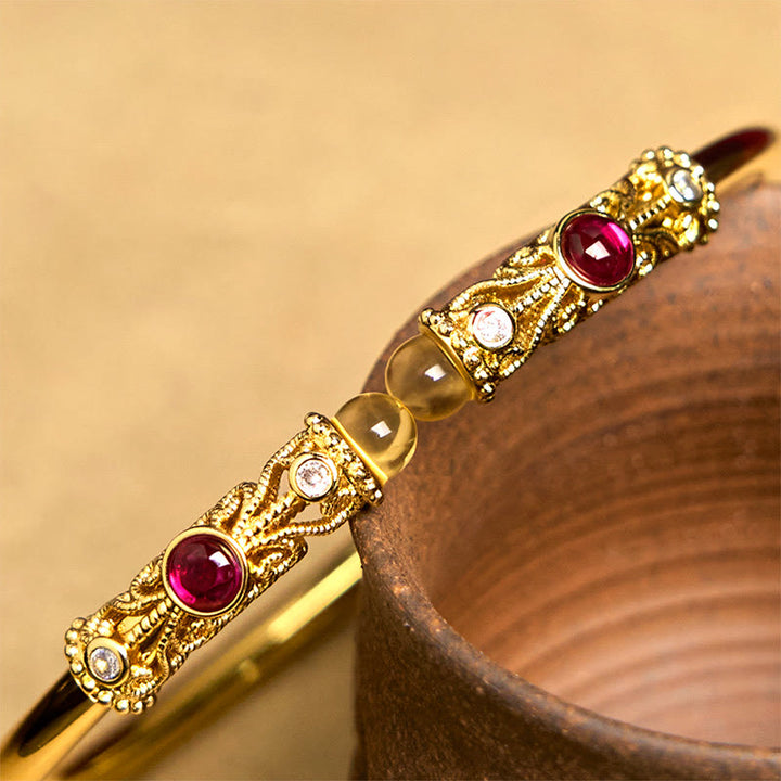 Buddha Stones Goldene Blume Muster Rot Zirkon Bernstein Kupfer Glück Manschette Armband Armreif - image 5