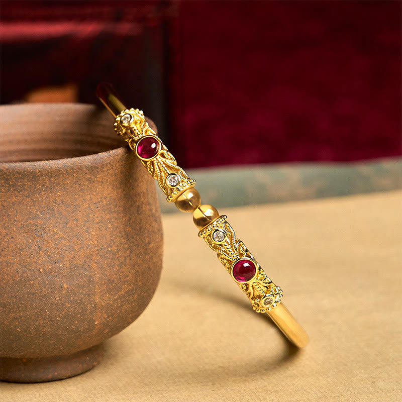 Buddha Stones Goldene Blume Muster Rot Zirkon Bernstein Kupfer Glück Manschette Armband Armreif - image 2