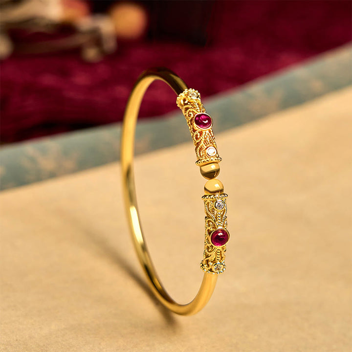 Buddha Stones Goldene Blume Muster Rot Zirkon Bernstein Kupfer Glück Manschette Armband Armreif - 60 mm - image 1