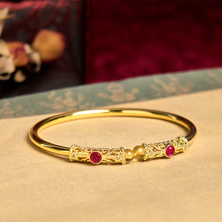 Buddha Stones Goldene Blume Muster Rot Zirkon Bernstein Kupfer Glück Manschette Armband Armreif - image 3