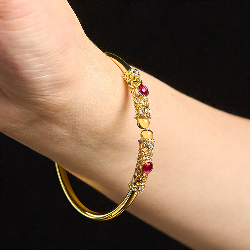 Buddha Stones Goldene Blume Muster Rot Zirkon Bernstein Kupfer Glück Manschette Armband Armreif - image 12