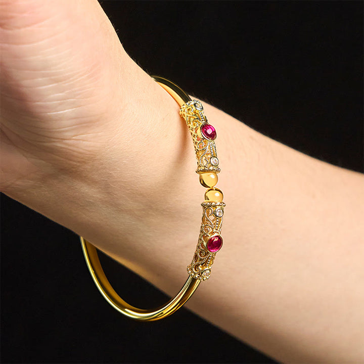 Buddha Stones Goldene Blume Muster Rot Zirkon Bernstein Kupfer Glück Manschette Armband Armreif - image 12