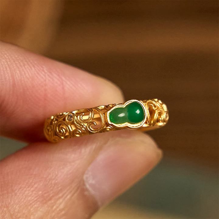 Buddha Stones Vintage Kürbis Grün Chalcedon Kupferlegierung Reichtum Ring - image 9