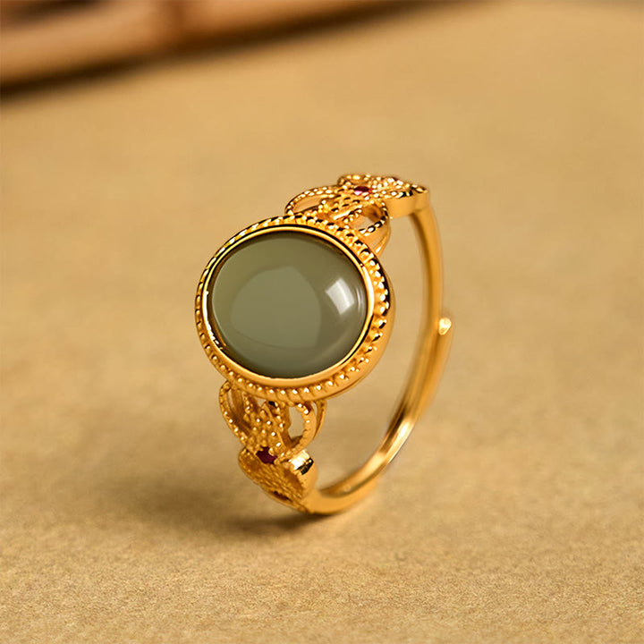 Buddha Stones Natürlicher 925 Sterling Silber Vergoldeter Jade Glücksring mit Hohldesign - image 9