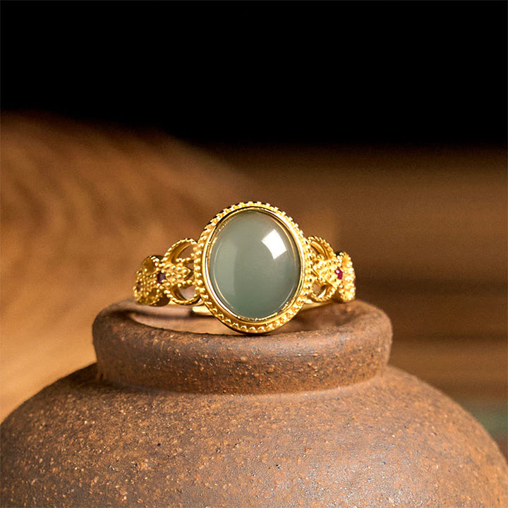 Buddha Stones Natürlicher 925 Sterling Silber Vergoldeter Jade Glücksring mit Hohldesign - image 10