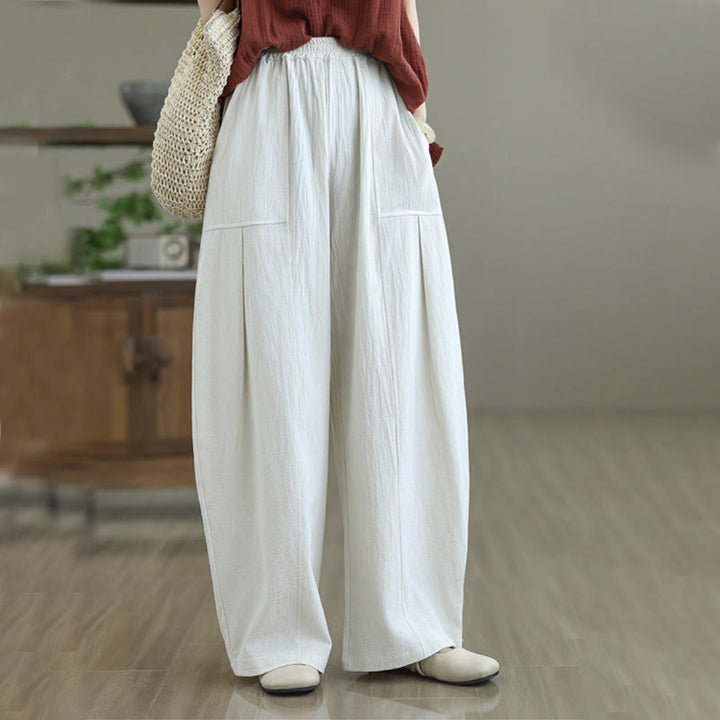 Buddha Stones – Knöchellange Damenhose aus Baumwollleinen mit Taschen im schlichten Plissee-Design - BlumenWeiß - US12， UK/AU16，EU44 (2XL) - image 8