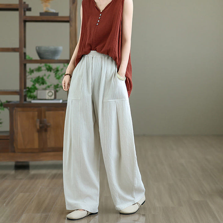 Buddha Stones – Knöchellange Damenhose aus Baumwollleinen mit Taschen im schlichten Plissee-Design - image 13
