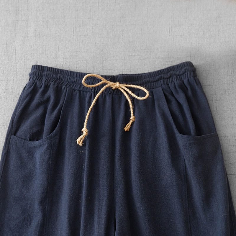 Buddha Stones Lässige, reine Farb-Baumwollhose mit Kordelzug und schlichtem Design für Damen mit Taschen - image 2
