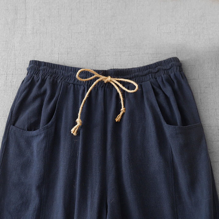 Buddha Stones Lässige, reine Farb-Baumwollhose mit Kordelzug und schlichtem Design für Damen mit Taschen - image 2