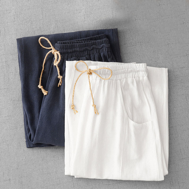 Buddha Stones Lässige, reine Farb-Baumwollhose mit Kordelzug und schlichtem Design für Damen mit Taschen - image 17