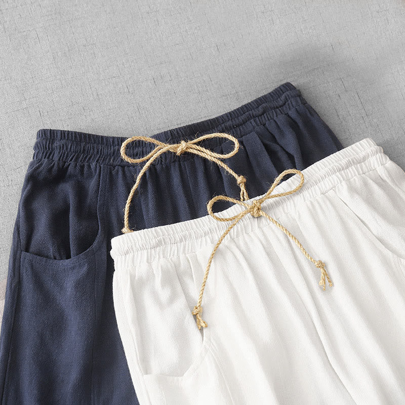 Buddha Stones Lässige, reine Farb-Baumwollhose mit Kordelzug und schlichtem Design für Damen mit Taschen - image 18