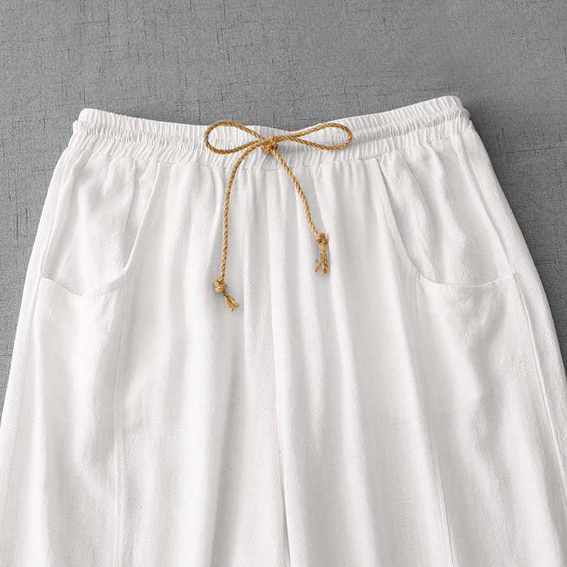 Buddha Stones Lässige, reine Farb-Baumwollhose mit Kordelzug und schlichtem Design für Damen mit Taschen - image 9