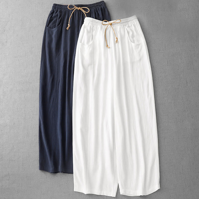 Buddha Stones Lässige, reine Farb-Baumwollhose mit Kordelzug und schlichtem Design für Damen mit Taschen - image 16